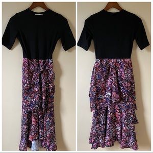 Maje Trompe L’oeil Midi Dress in Ditsy Floral Print Skirt with Contrast Top